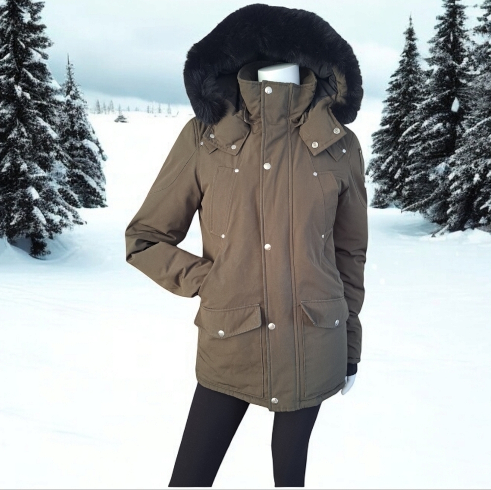 Moose Knuckles Canada Down Filled Winter Parka Coat Blue Fox Fur Hood Taupe Lady